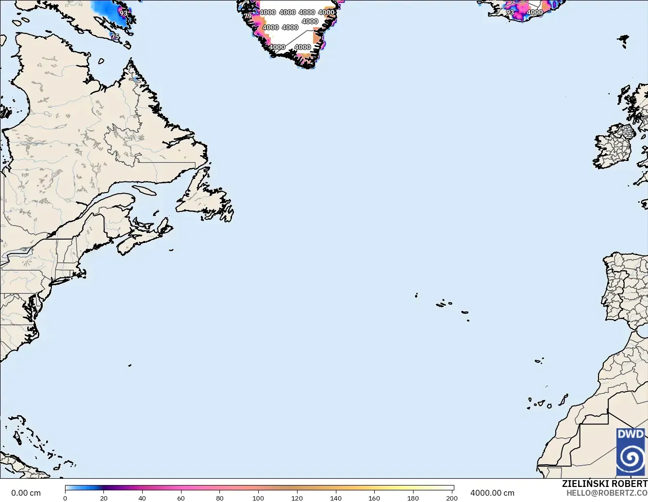 ICON modelo - Norte Atlántico, Profundidad de nieve