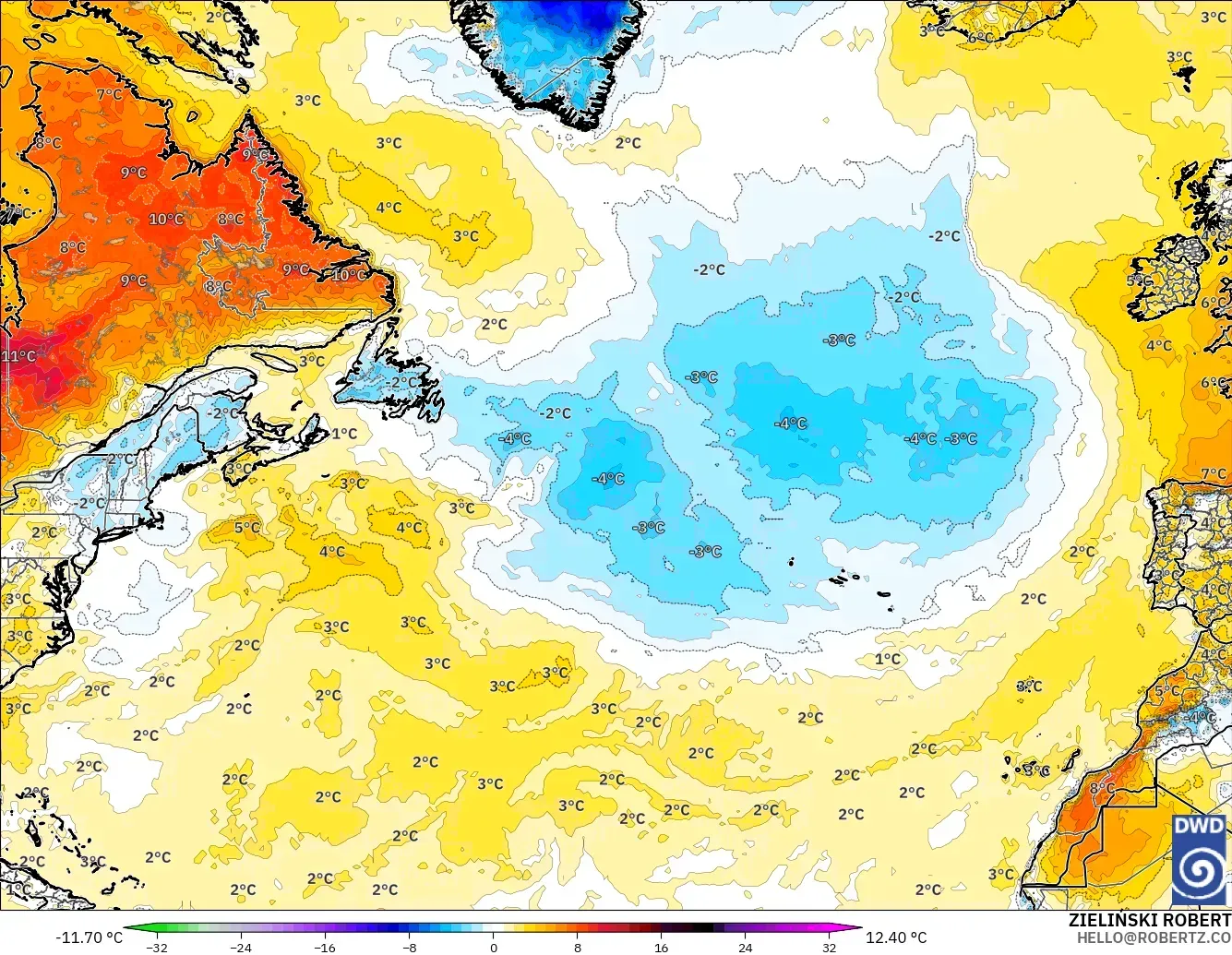 ICON modelo - Norte Atlántico, Anomalía de temperatura a 2 m