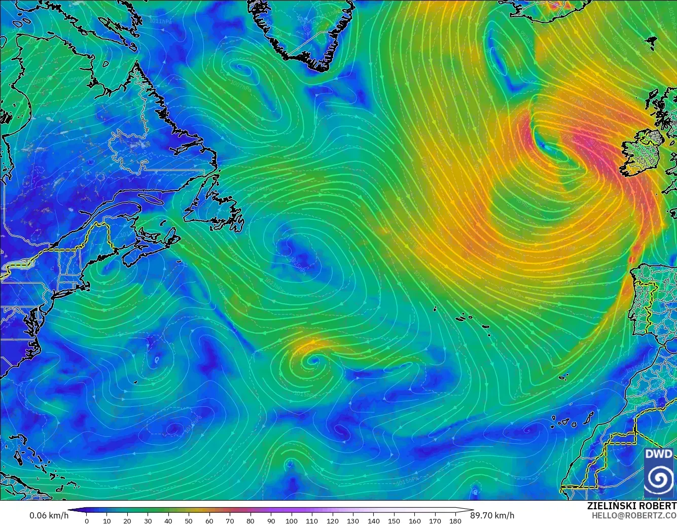 ICON modelo - Norte Atlántico, Viento a 10 m