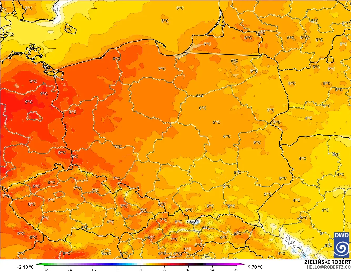 ICON modelo - Polonia, Anomalía de temperatura a 2 m