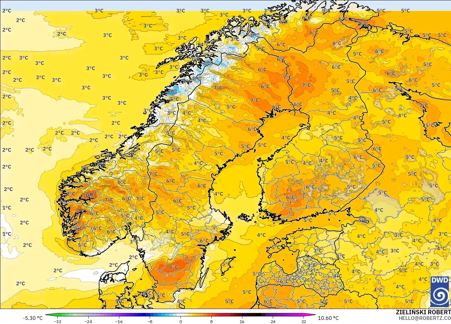 ICON modelo - Escandinavia, Anomalía de temperatura a 2 m