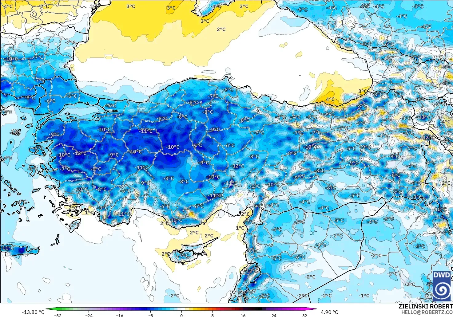ICON modelo - Turquía, Anomalía de temperatura a 2 m