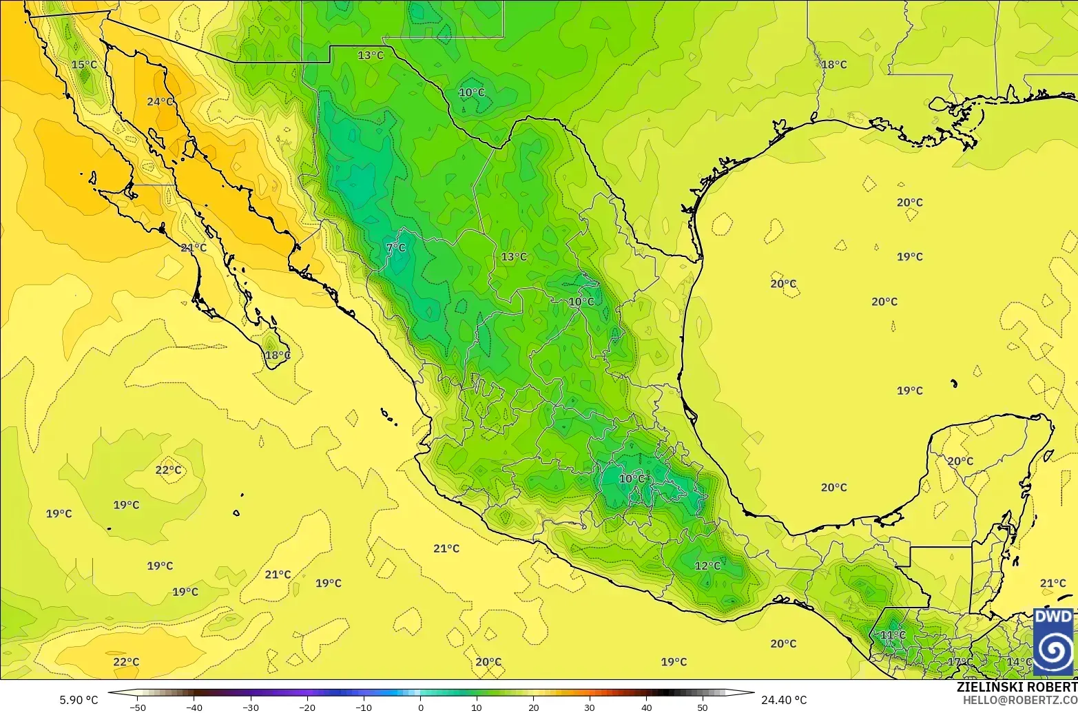 ICON modelo - México, Temperatura a 850 hPa