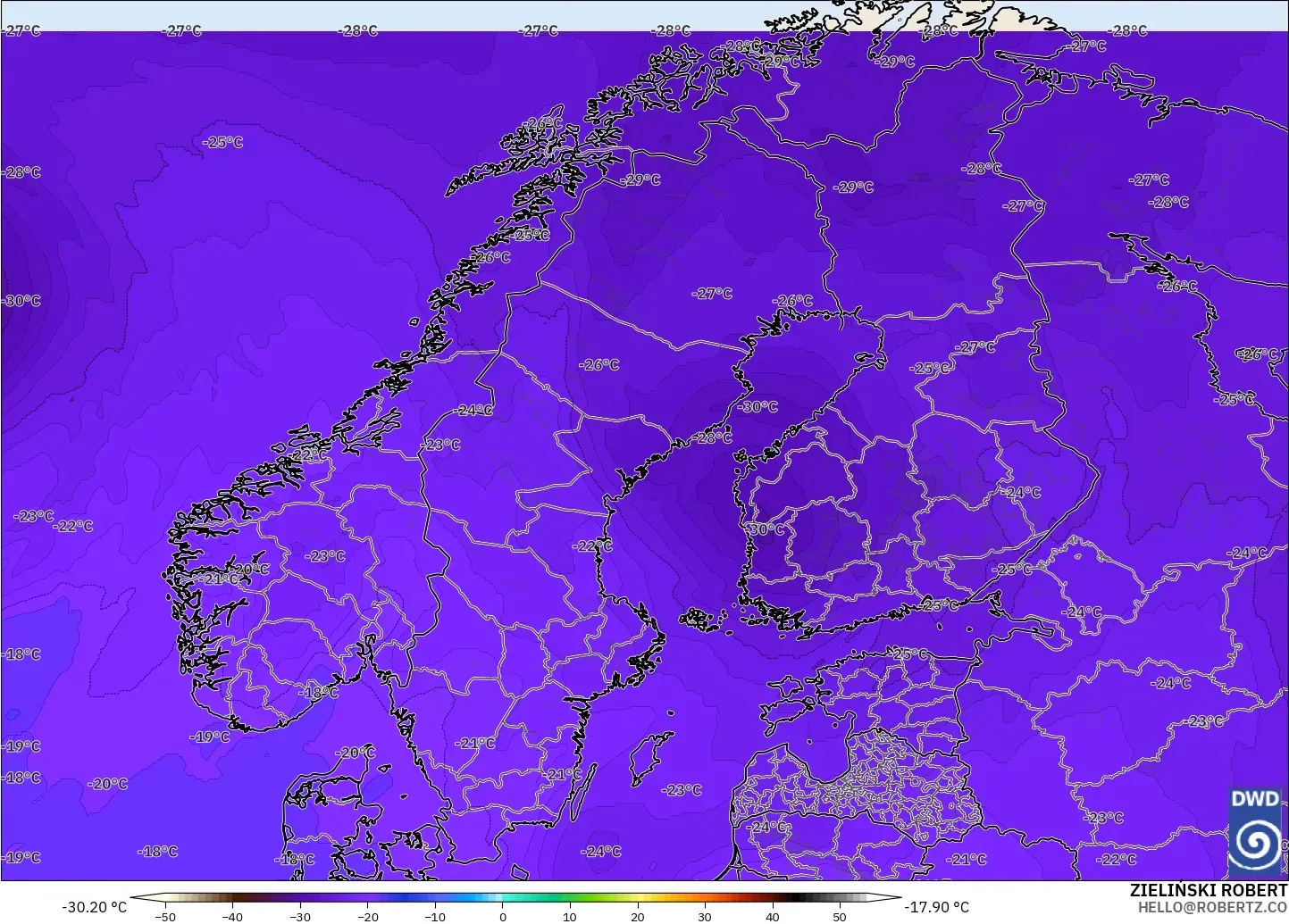 ICON modelo - Escandinavia, Temperatura a 500 hPa