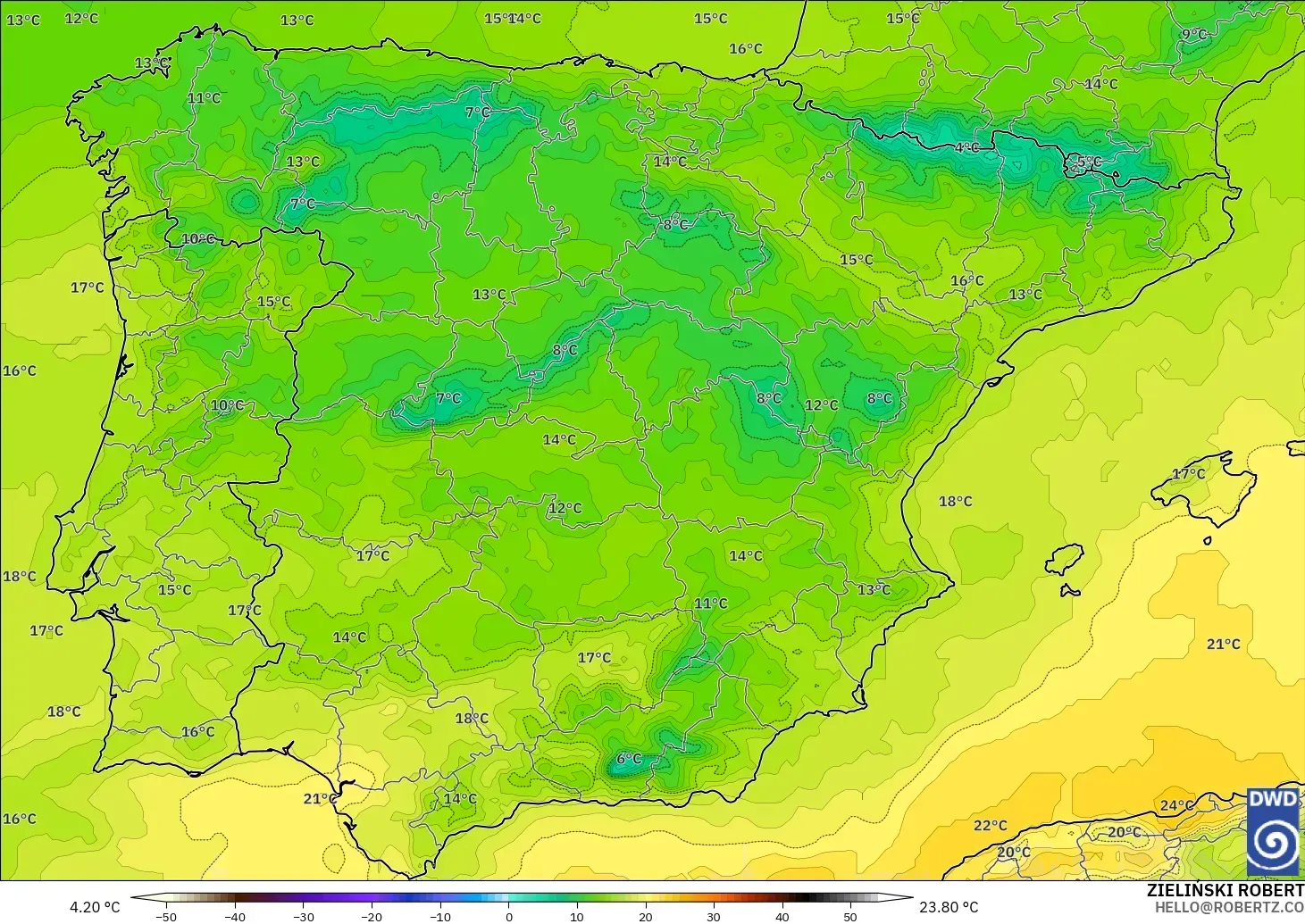 ICON modelo - España, Temperatura a 850 hPa