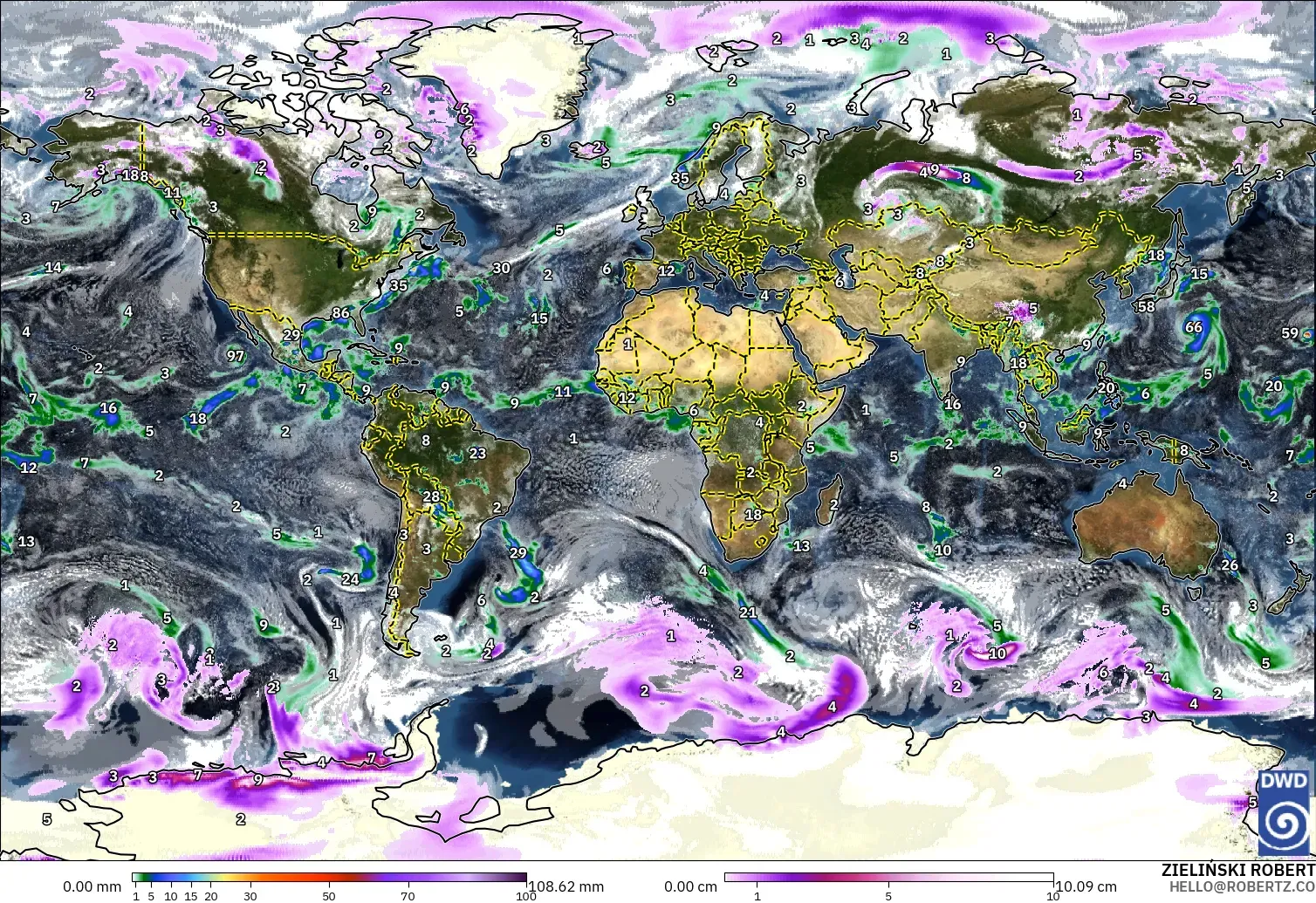 ICON modelo - Mundo, Precipitación, nubes y presión