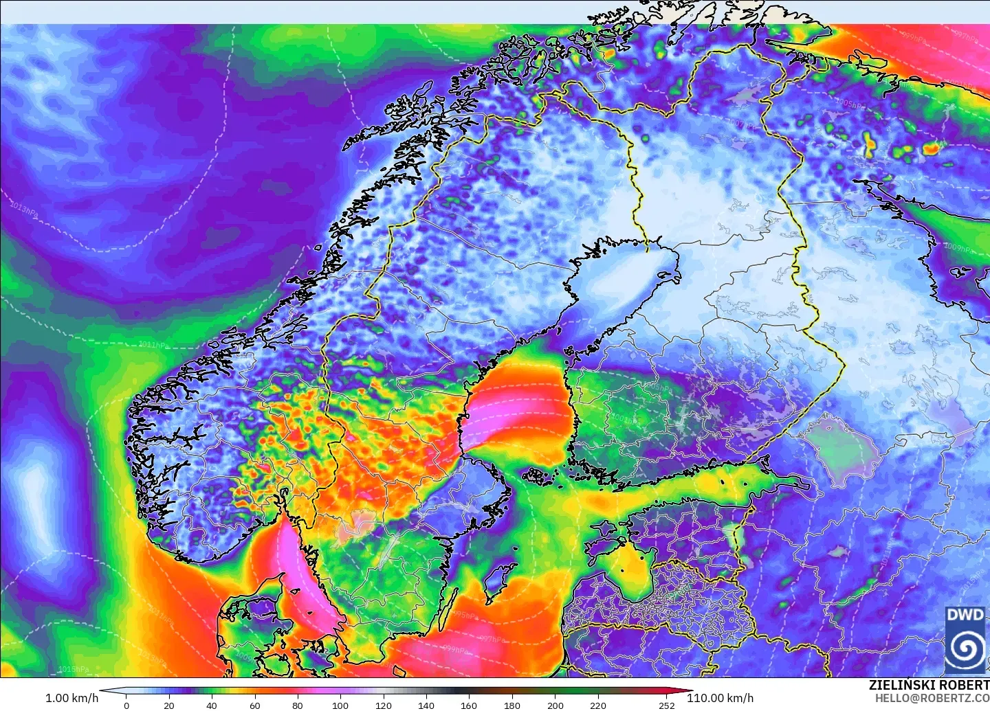 ICON modelo - Escandinavia, Ráfagas de Viento Máximas