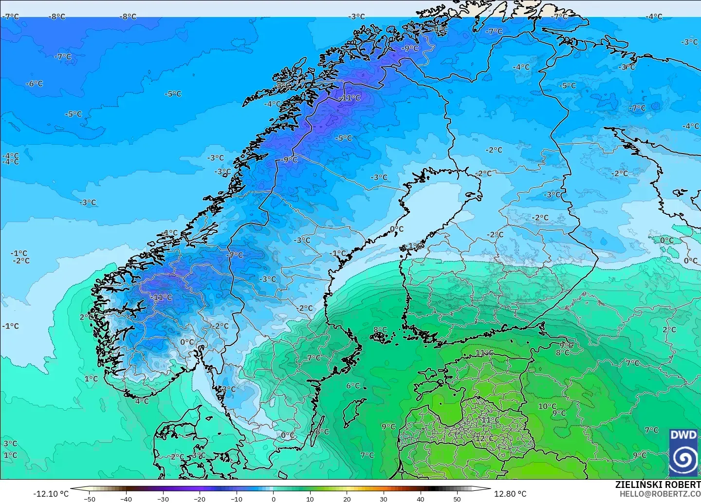 ICON modelo - Escandinavia, Temperatura a 850 hPa
