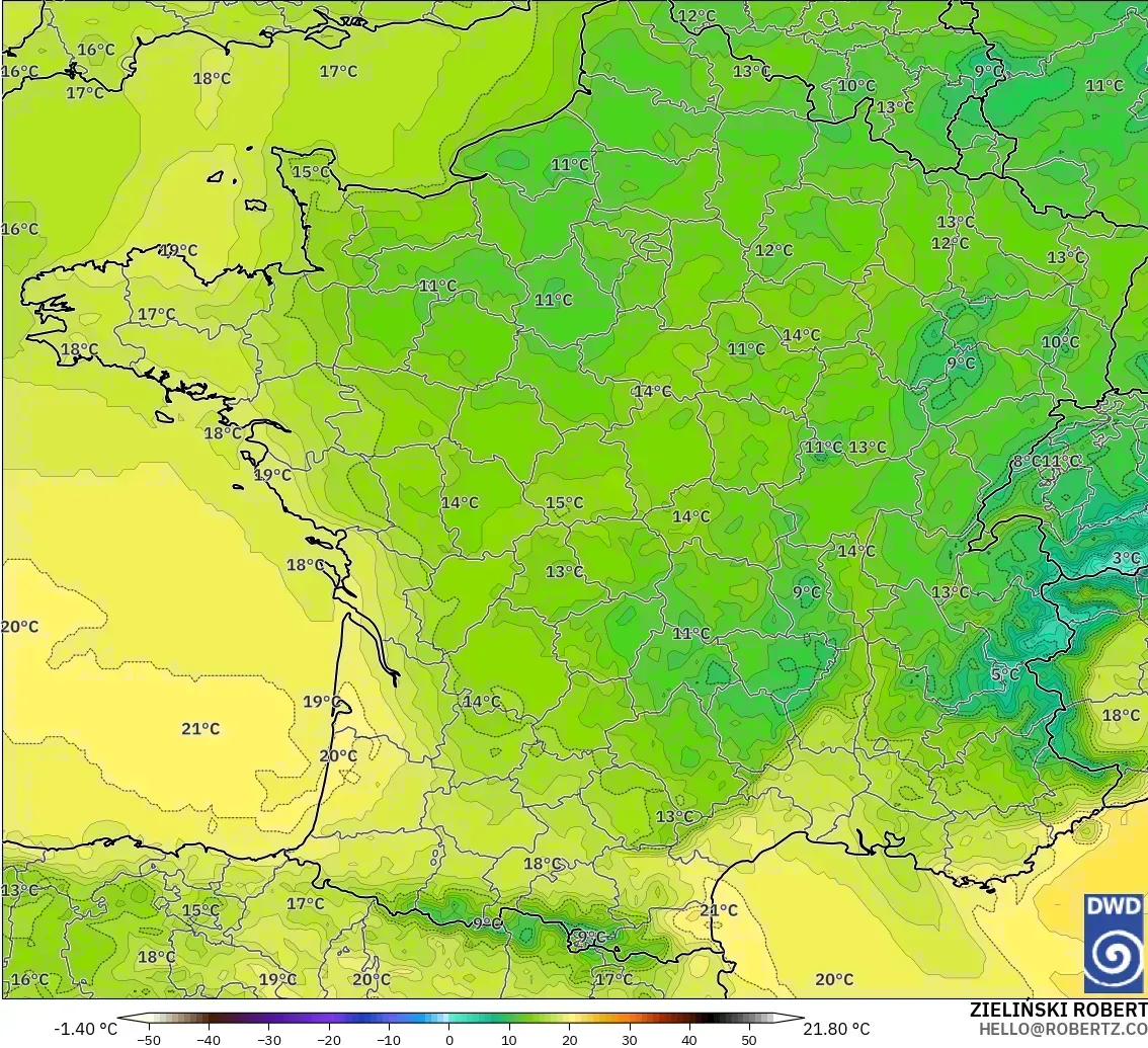 ICON modelo - Francia, Temperatura a 2 m