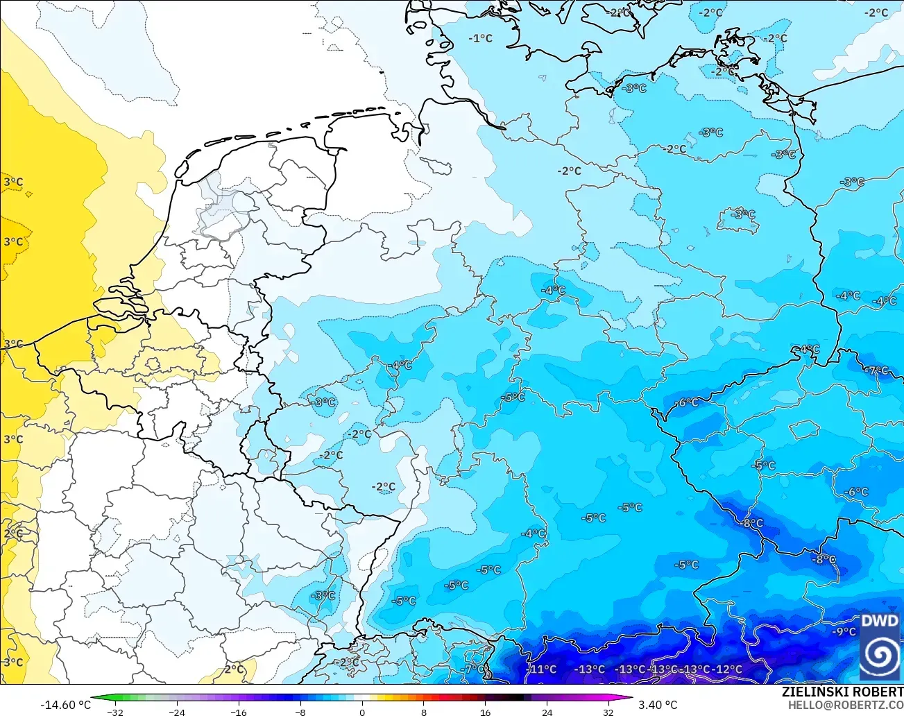 ICON modelo - Alemania, Anomalía de temperatura a 850 hPa
