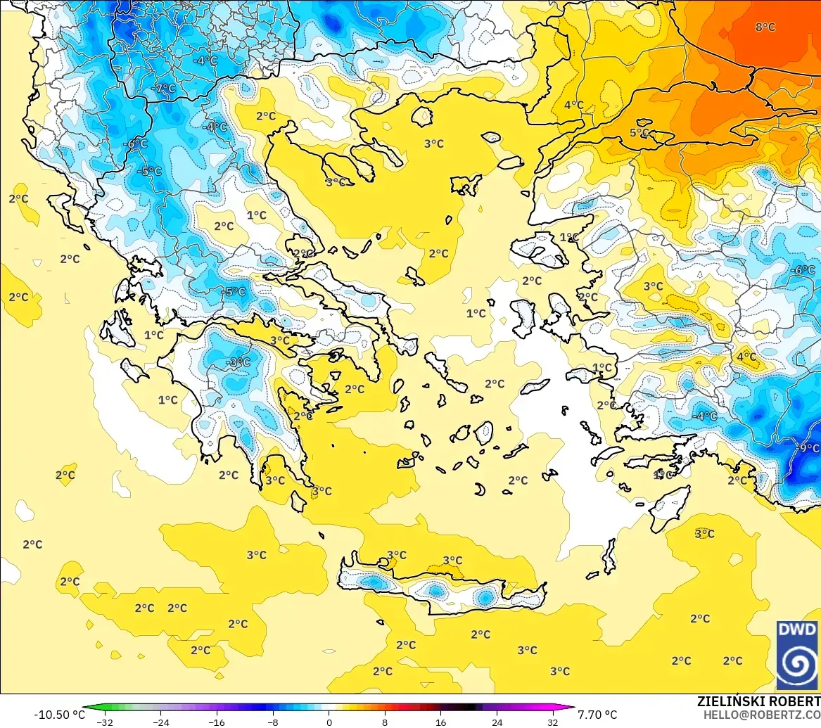 ICON modelo - Grecia, Anomalía de temperatura a 850 hPa