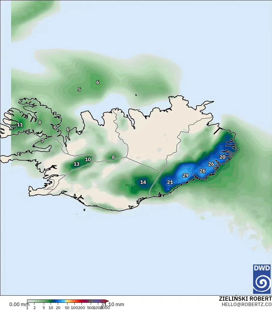ICON modelo - Islandia, Acumulación de precipitación