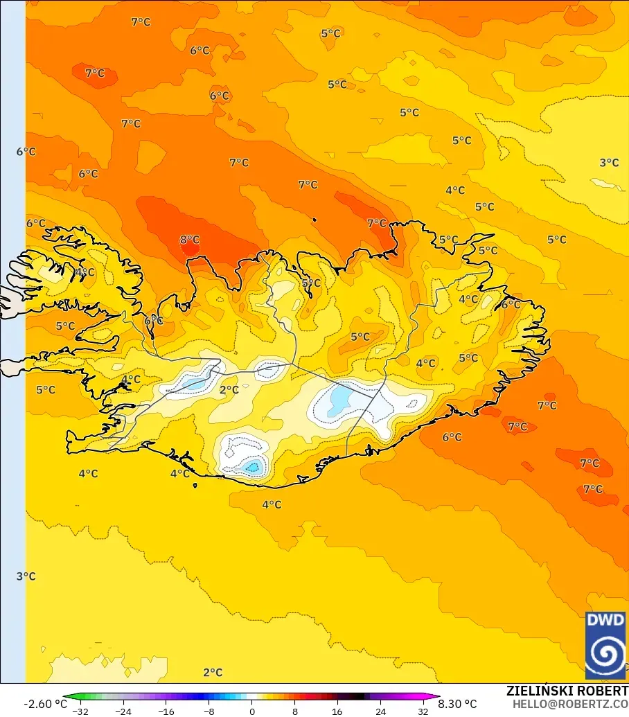 ICON modelo - Islandia, Anomalía de temperatura a 850 hPa