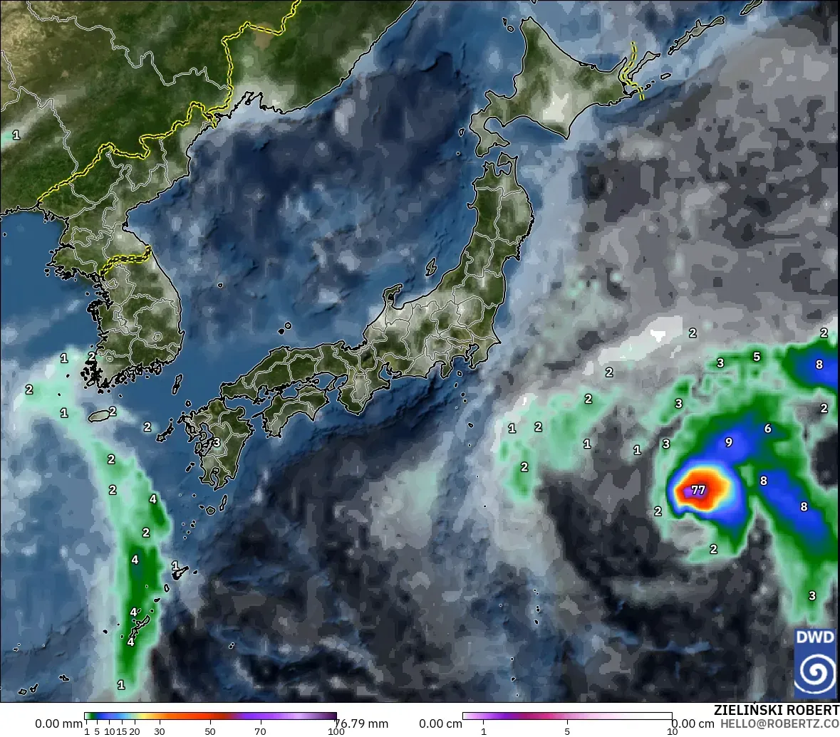 ICON modelo - Japón, Precipitación, nubes y presión