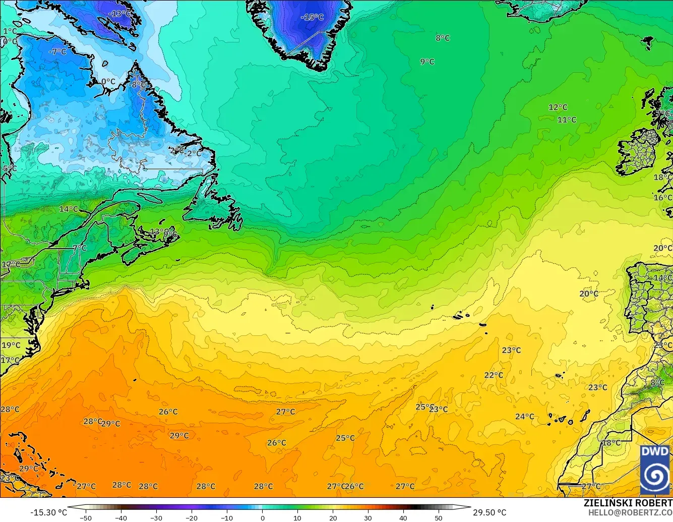 ICON modelo - Norte Atlántico, Temperatura a 2 m