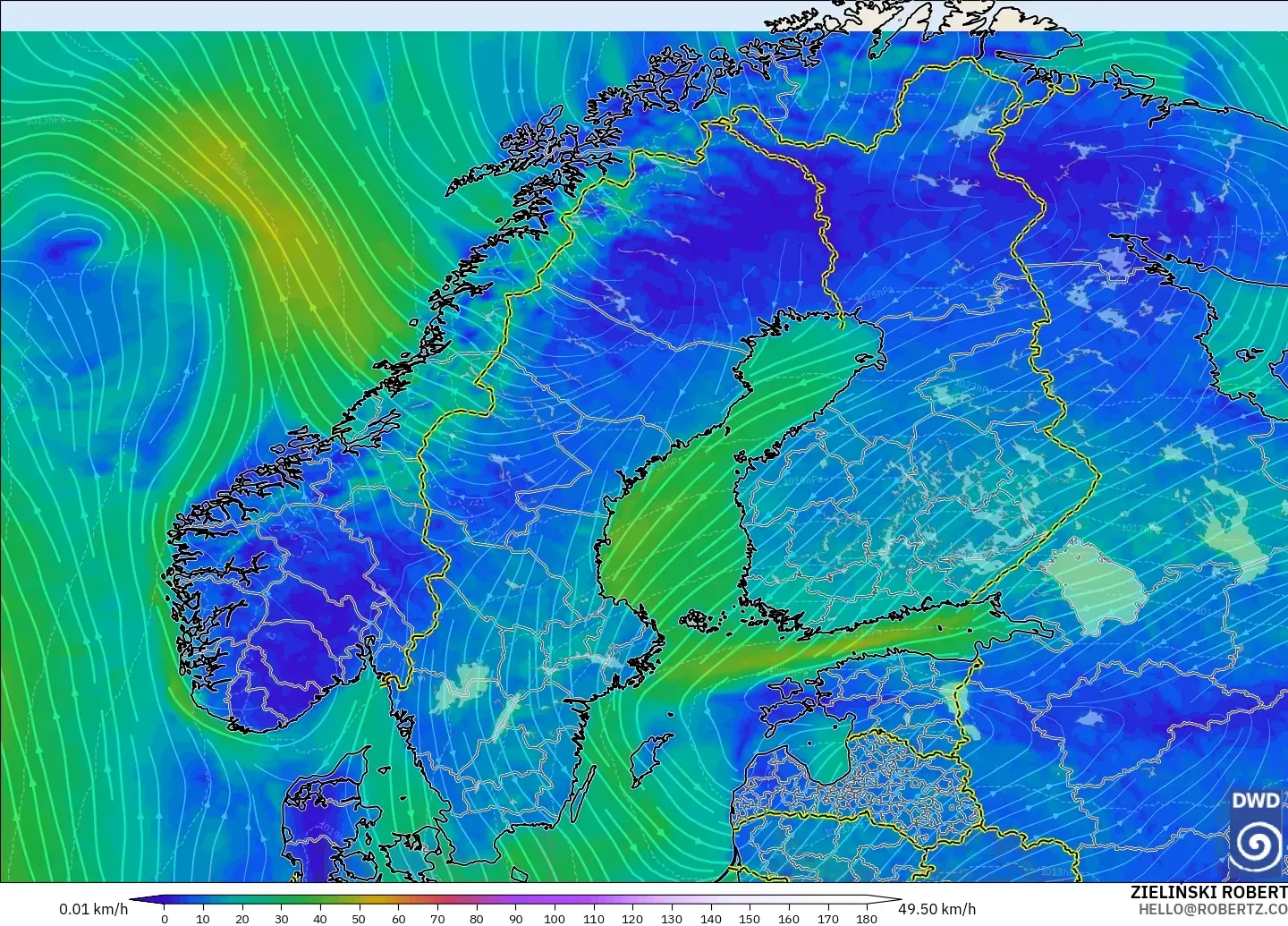 ICON modelo - Escandinavia, Viento a 10 m