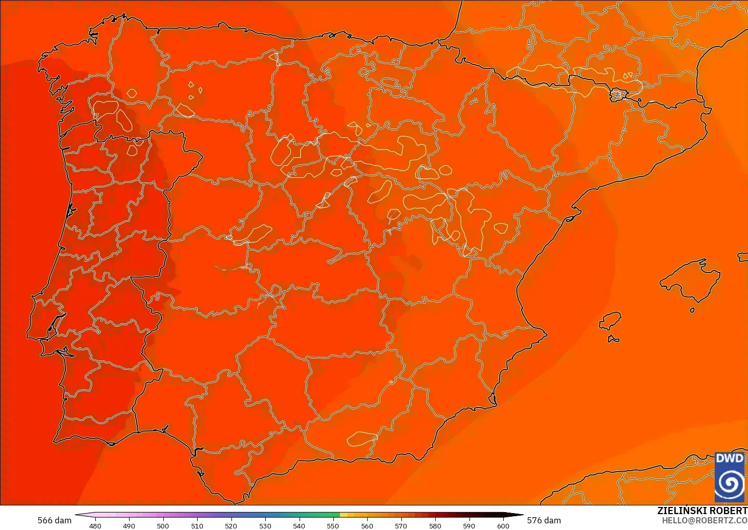 ICON modelo - España, Altura geopotencial a 500 hPa