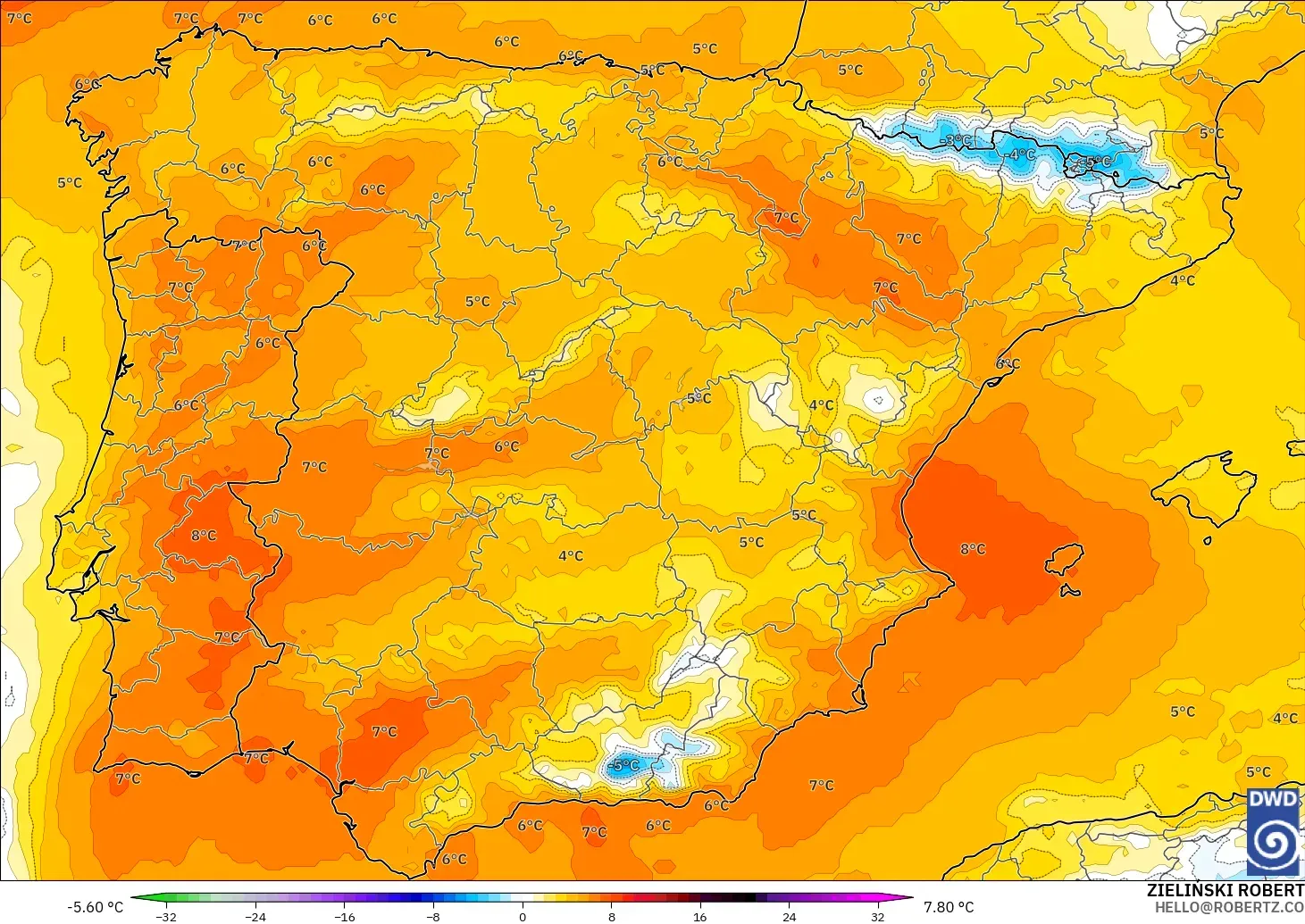 ICON modelo - España, Anomalía de temperatura a 850 hPa