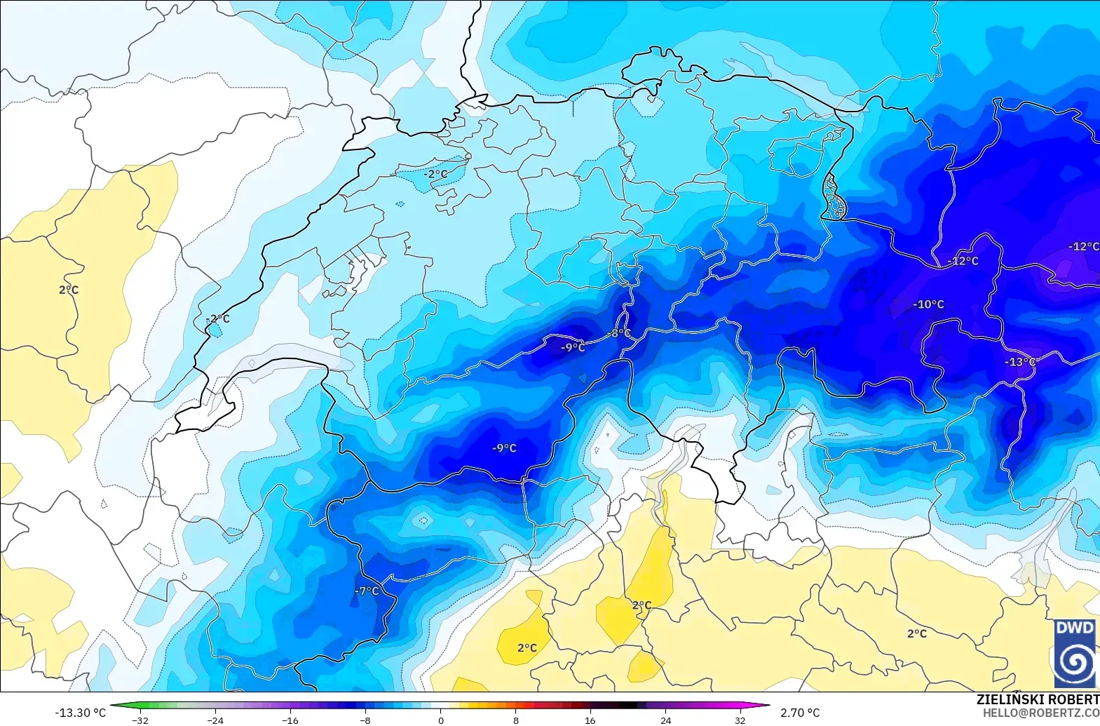 ICON modelo - Suiza, Anomalía de temperatura a 850 hPa