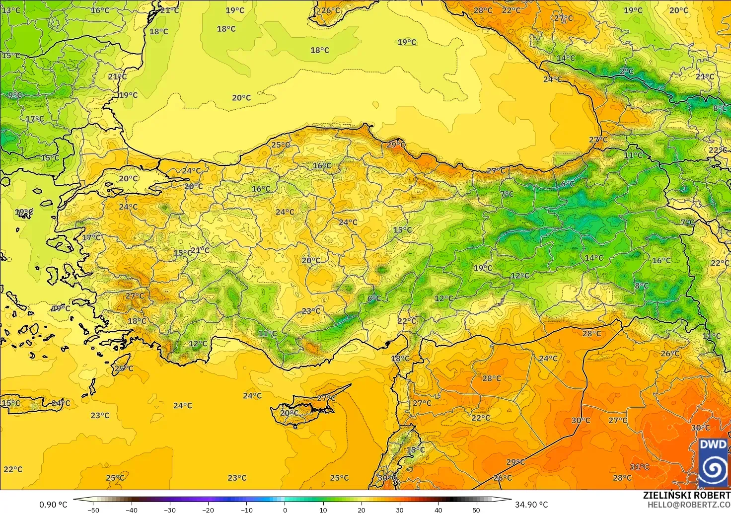ICON modelo - Turquía, Temperatura a 2 m