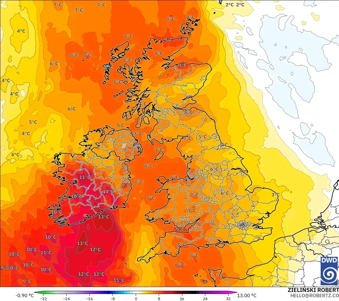 ICON modelo - Reino Unido, Anomalía de temperatura a 850 hPa