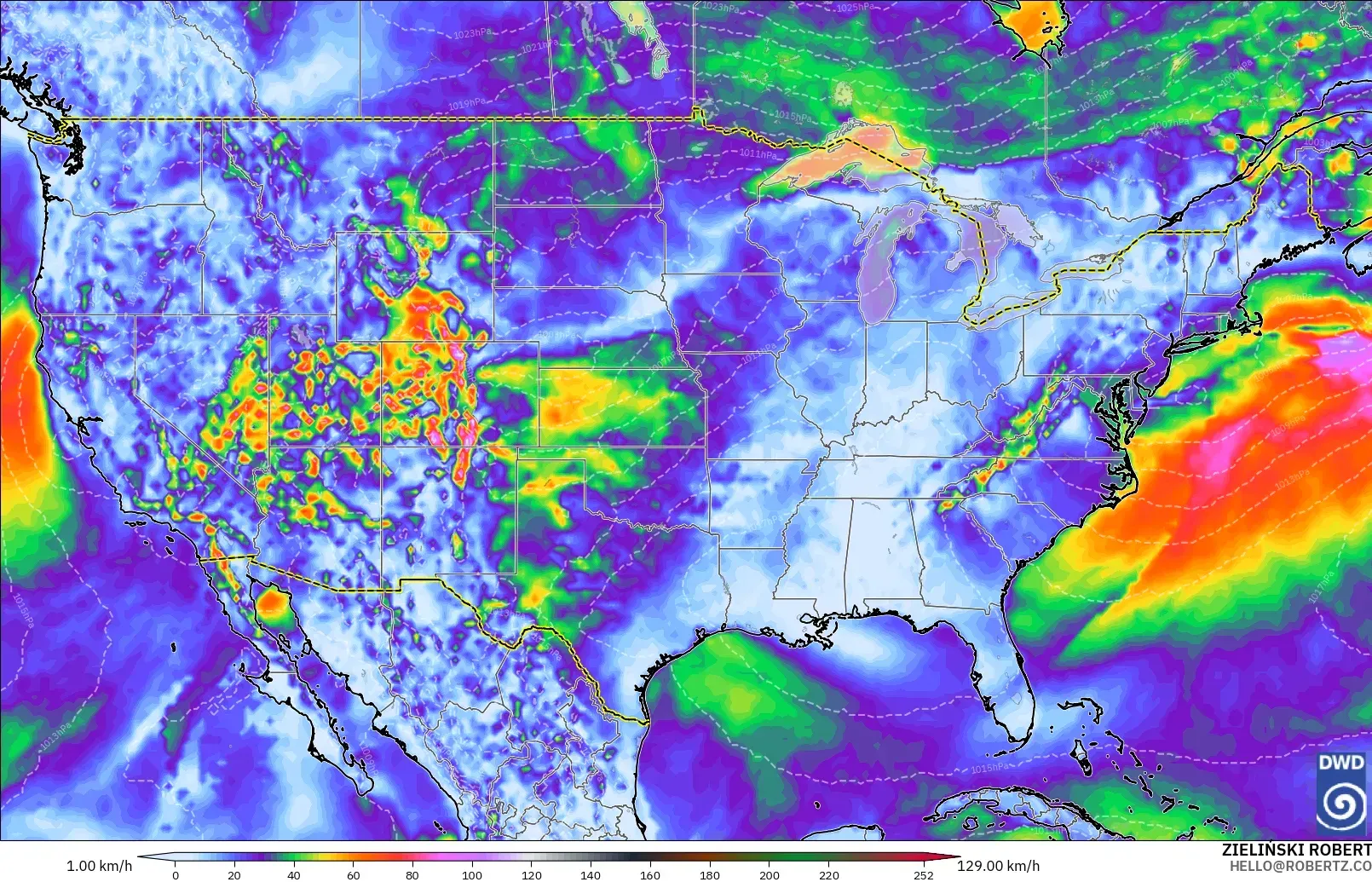 ICON modelo - Estados Unidos, Ráfagas de viento