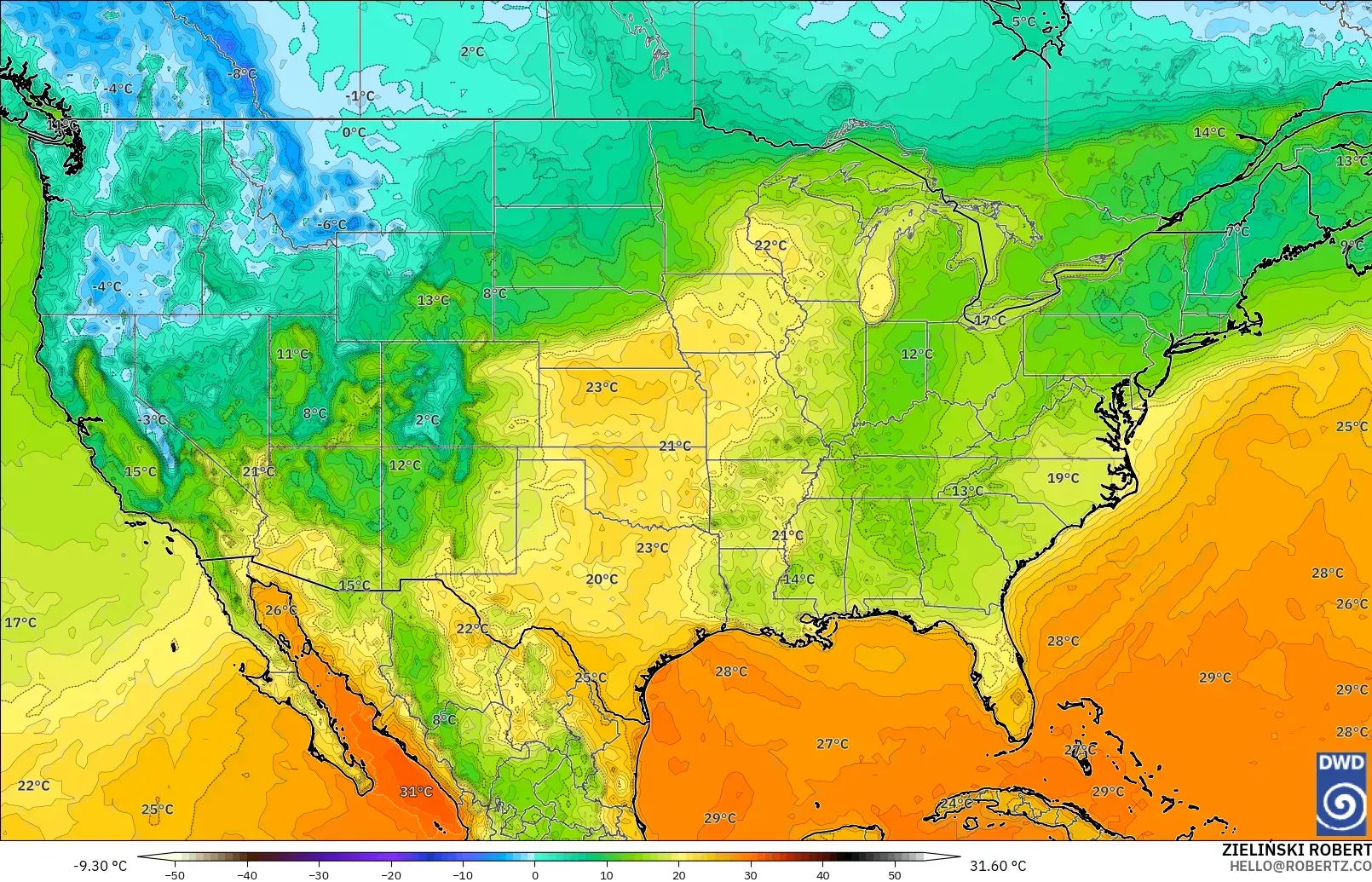 ICON modelo - Estados Unidos, Temperatura a 2 m