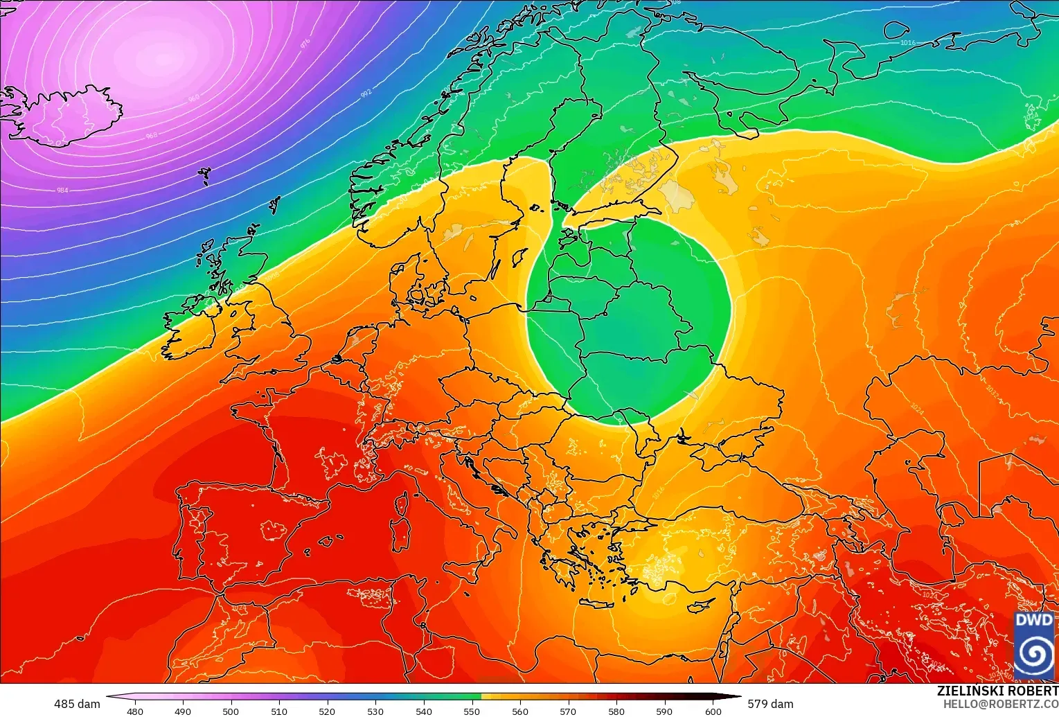 ICON modelo - Europa, Altura geopotencial a 500 hPa