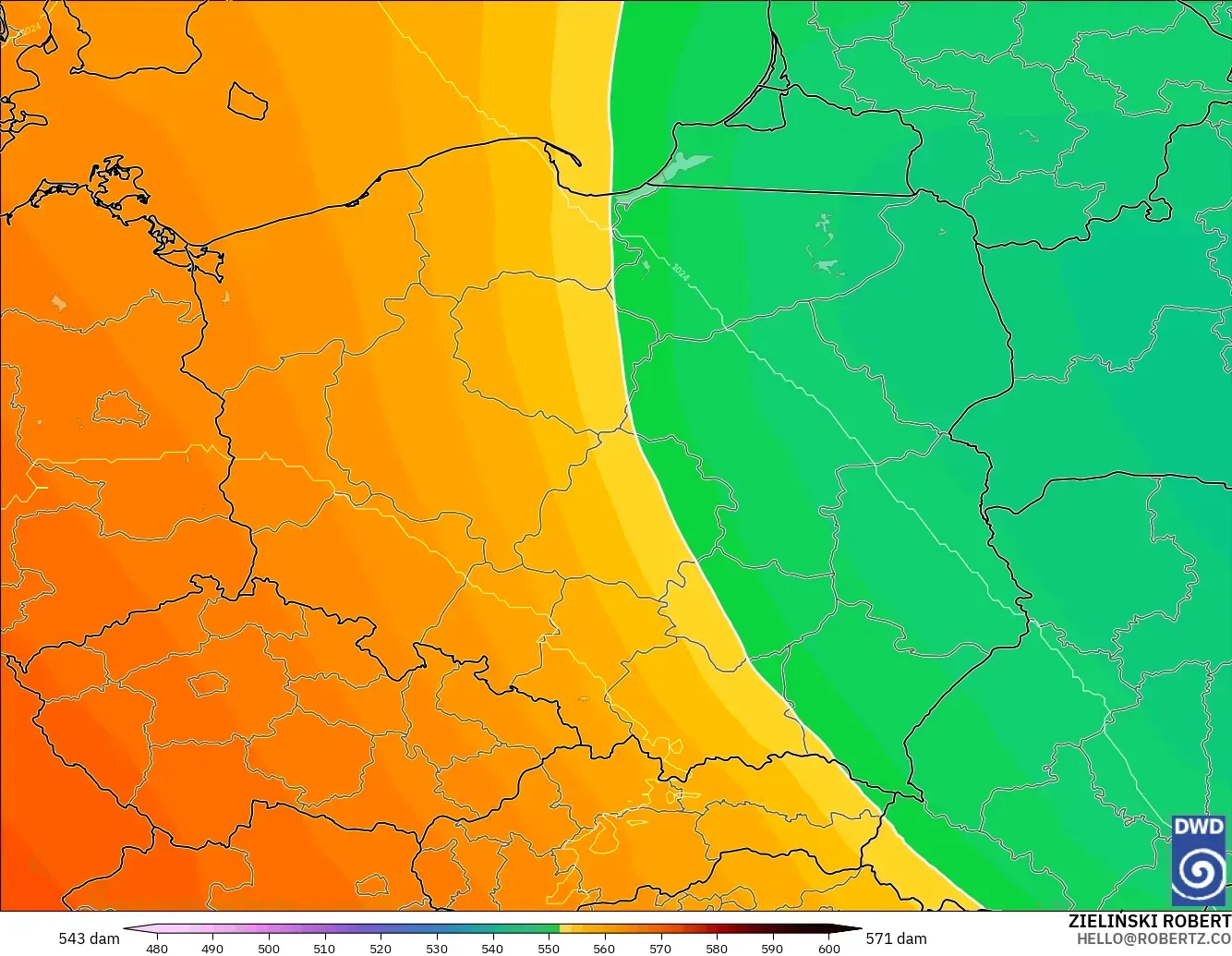 ICON modelo - Polonia, Altura geopotencial a 500 hPa