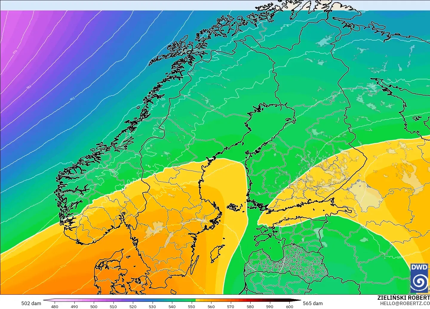 ICON modelo - Escandinavia, Altura geopotencial a 500 hPa