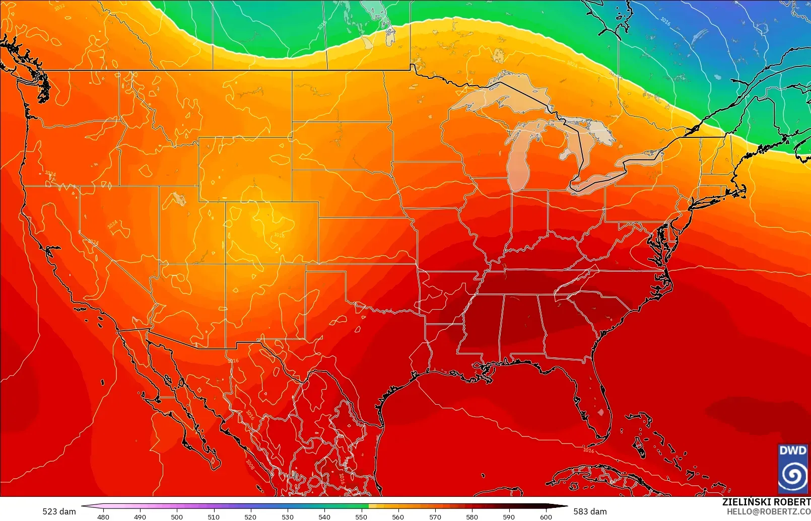 ICON modelo - Estados Unidos, Altura geopotencial a 500 hPa