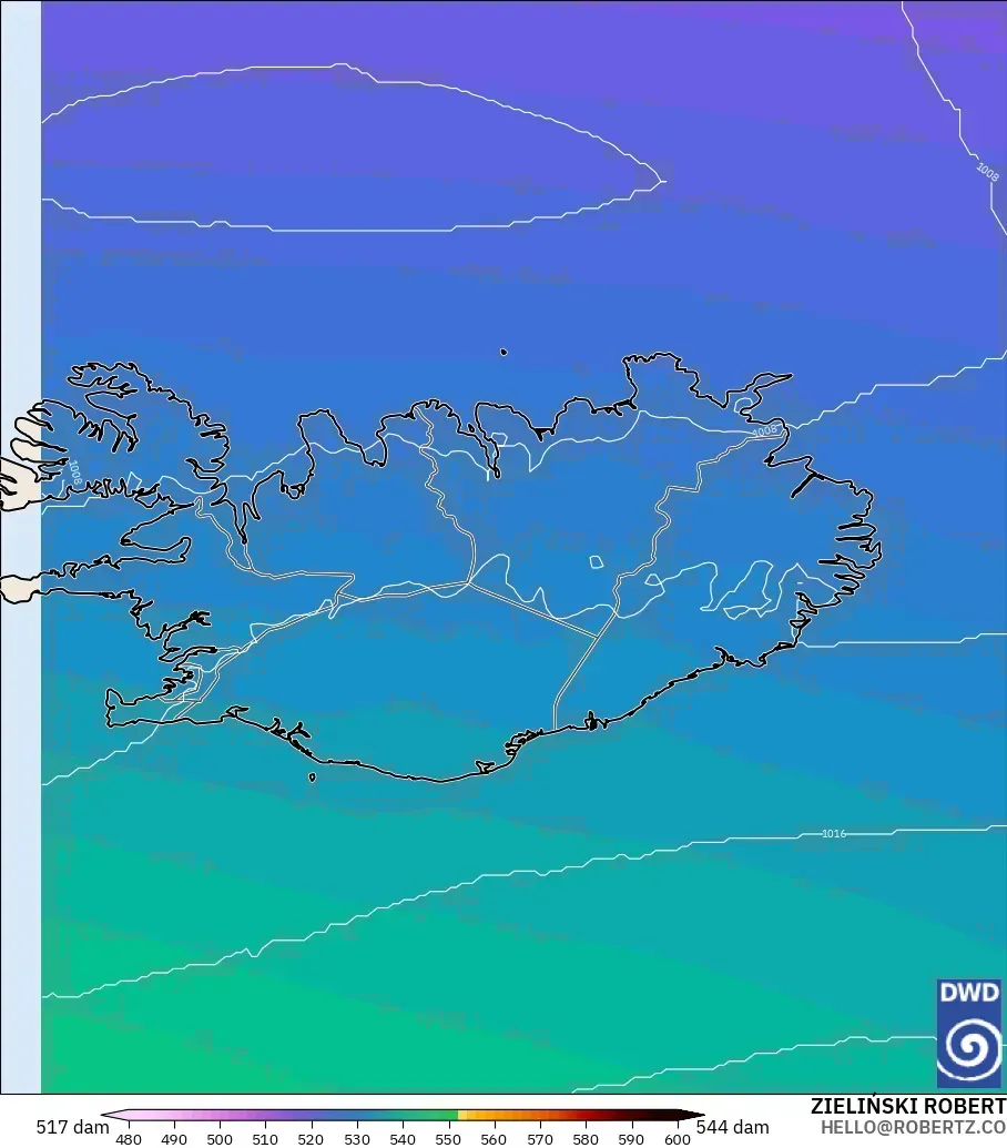 ICON modelo - Islandia, Altura geopotencial a 500 hPa