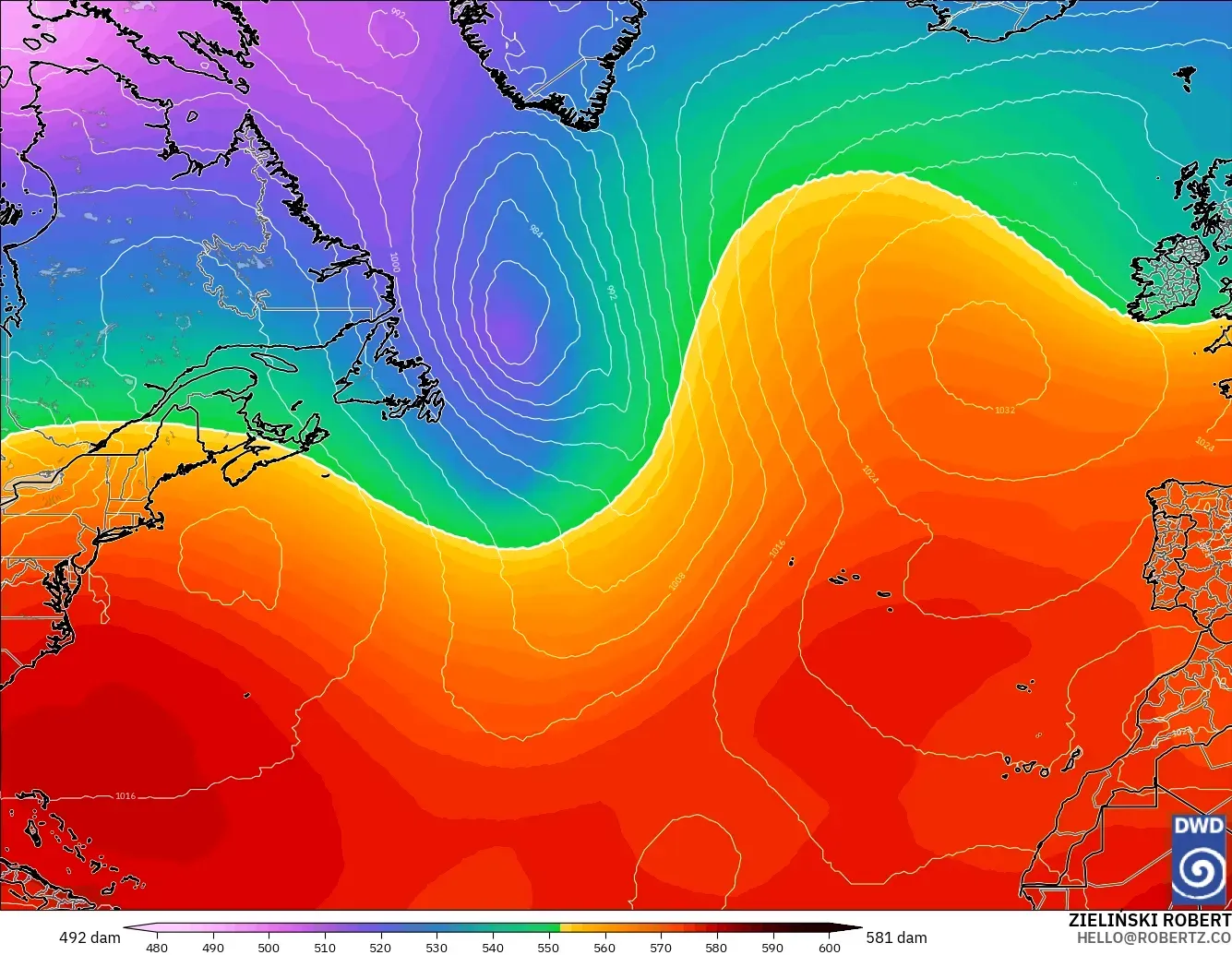 ICON modelo - Norte Atlántico, Altura geopotencial a 500 hPa