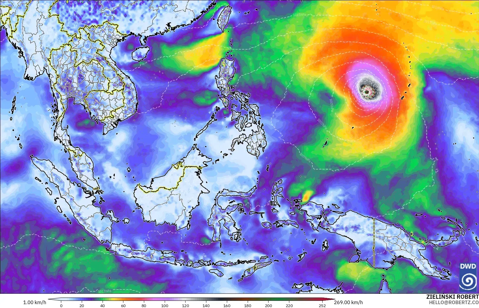 ICON modelo - Sudeste Asiático, Ráfagas de viento