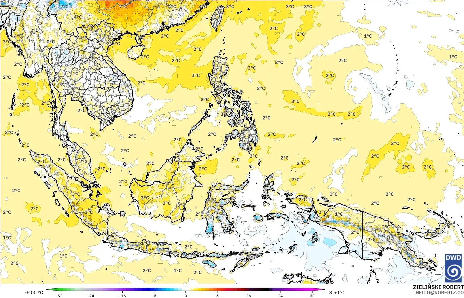 ICON modelo - Sudeste Asiático, Anomalía de temperatura a 2 m