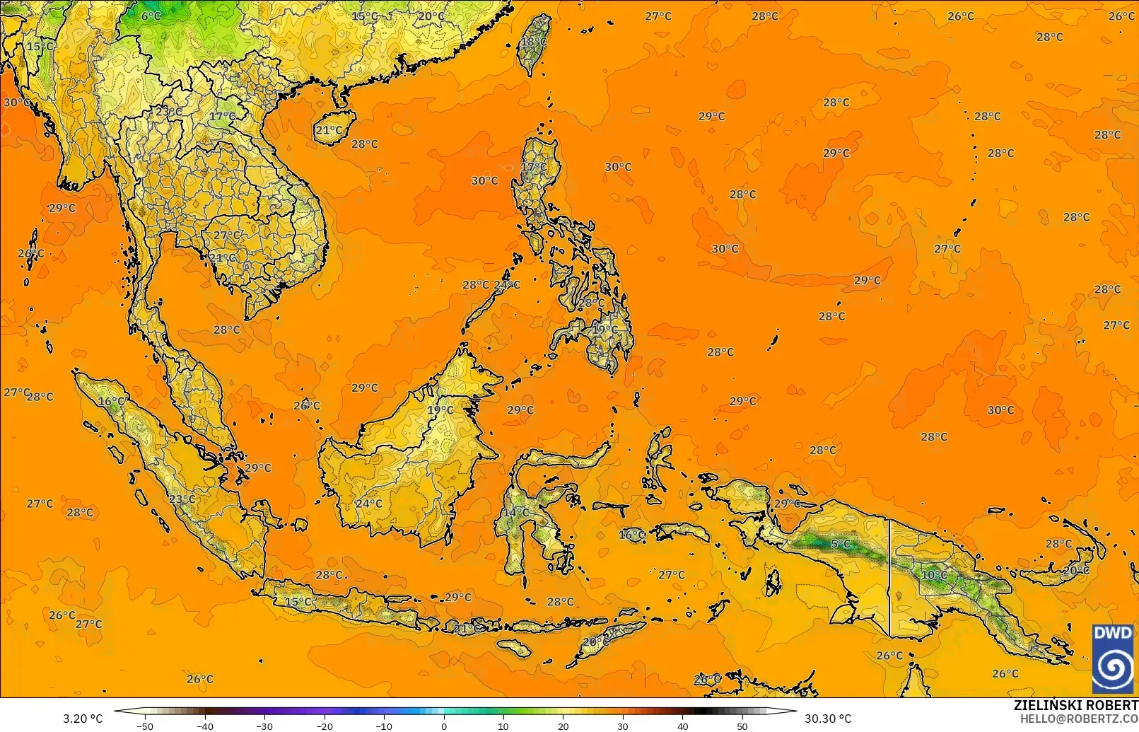 ICON modelo - Sudeste Asiático, Temperatura a 2 m