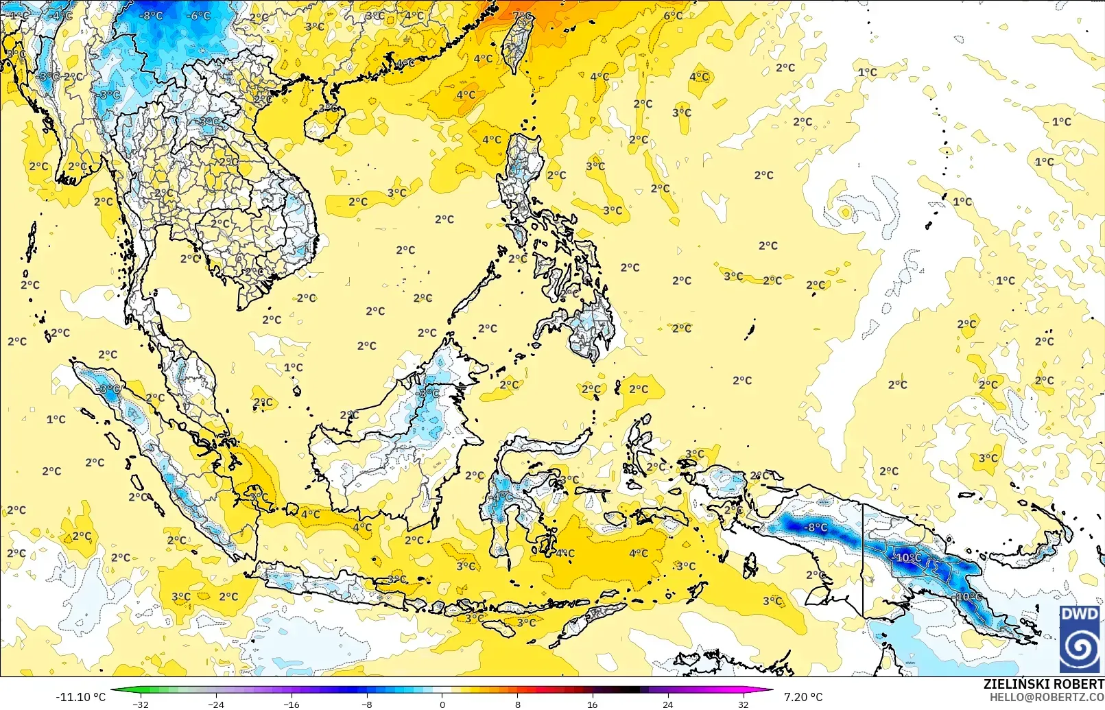 ICON modelo - Sudeste Asiático, Anomalía de temperatura a 850 hPa