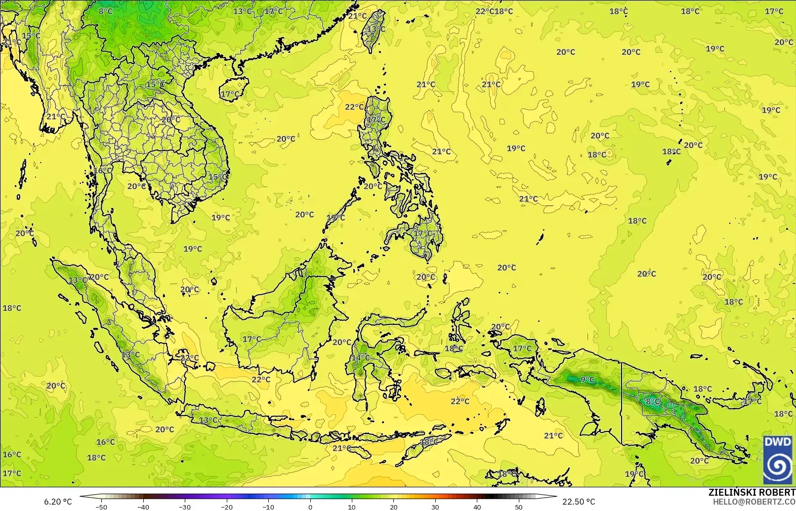 ICON modelo - Sudeste Asiático, Temperatura a 850 hPa