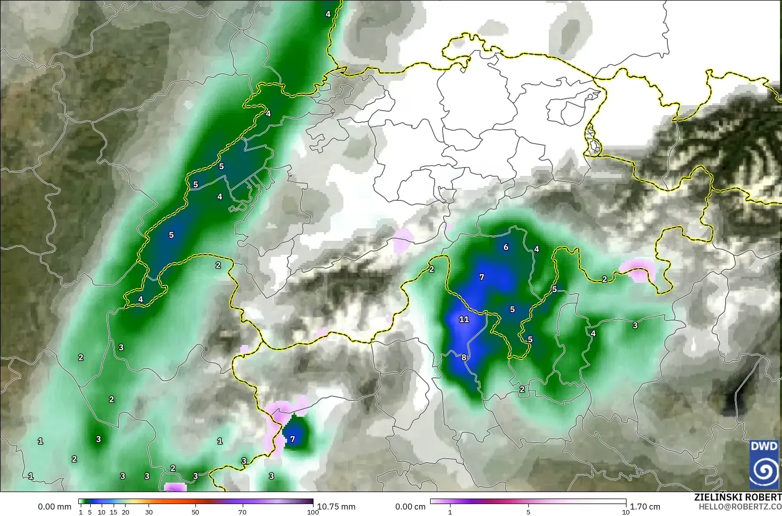 ICON modelo - Suiza, Precipitación, nubes y presión