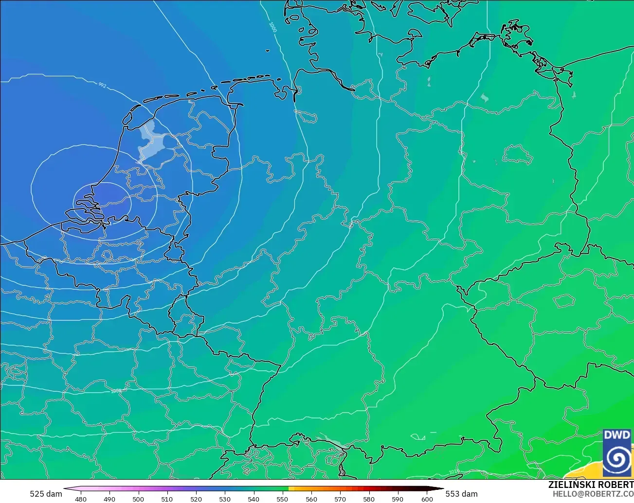 ICON modelo - Alemania, Altura geopotencial a 500 hPa