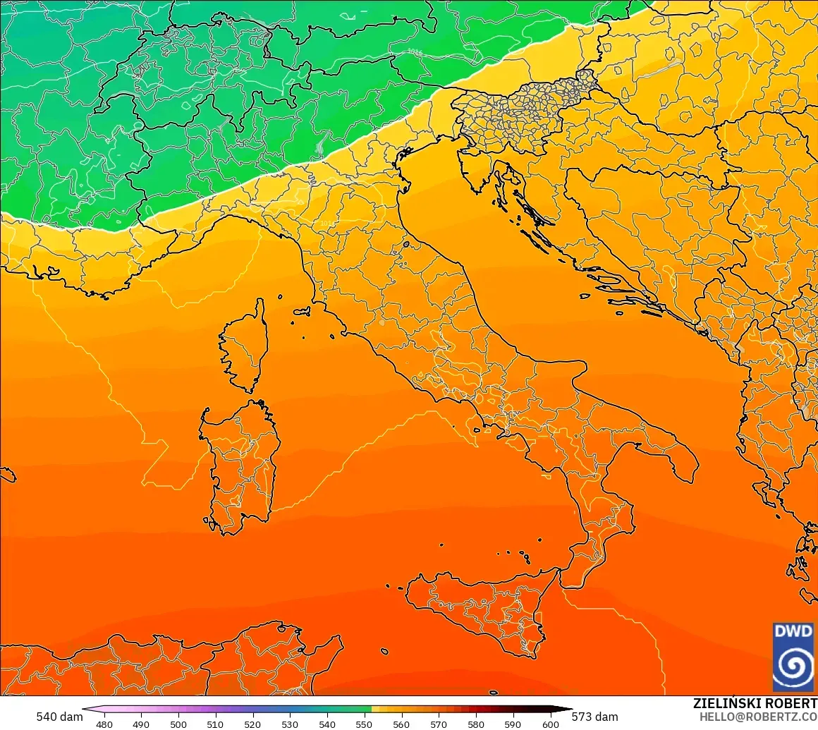 ICON modelo - Italia, Altura geopotencial a 500 hPa