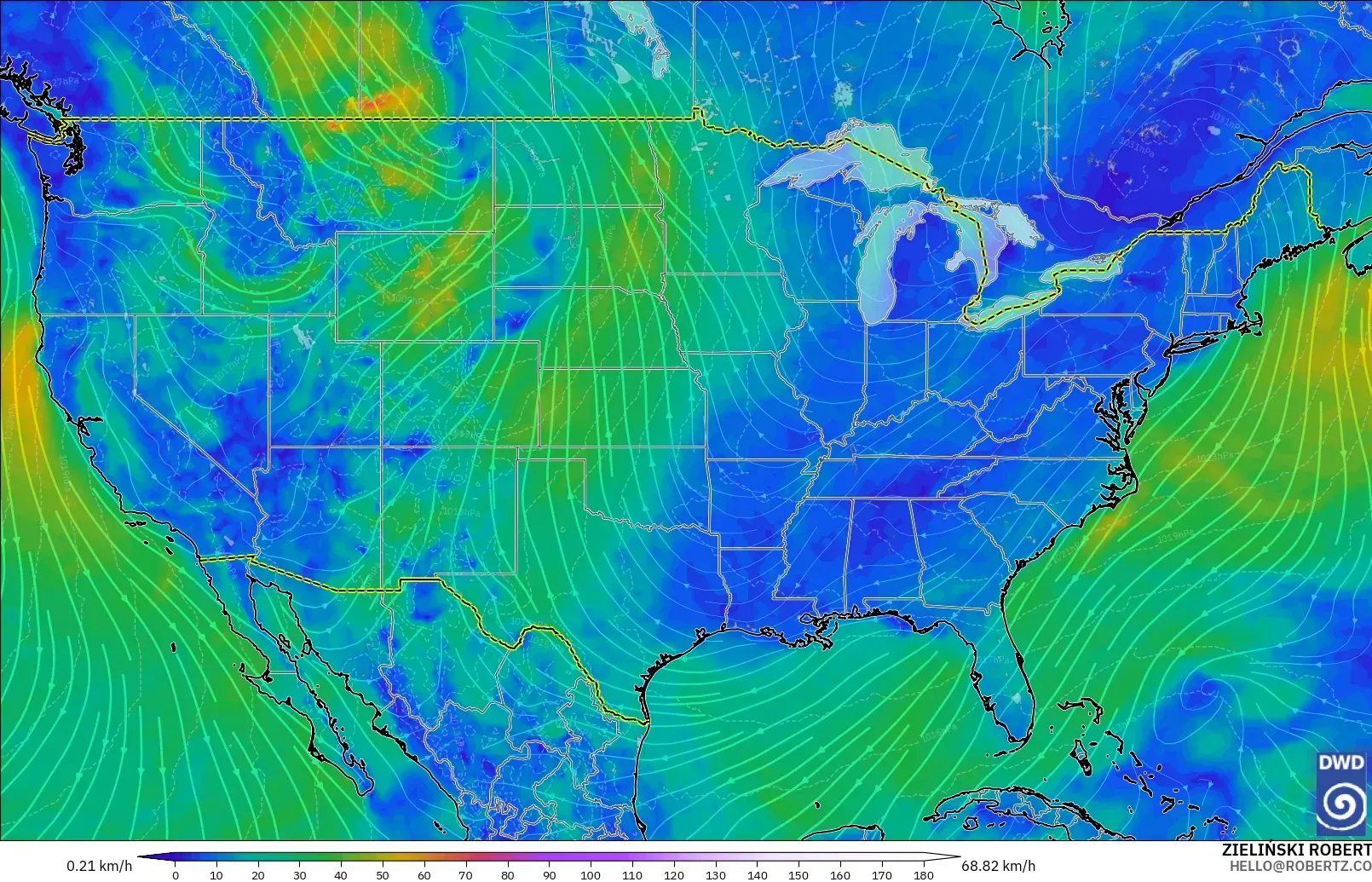 ICON modelo - Estados Unidos, Viento a 10 m