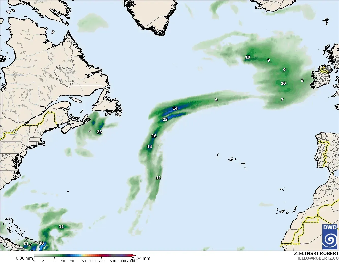 ICON modelo - Norte Atlántico, Acumulación de precipitación