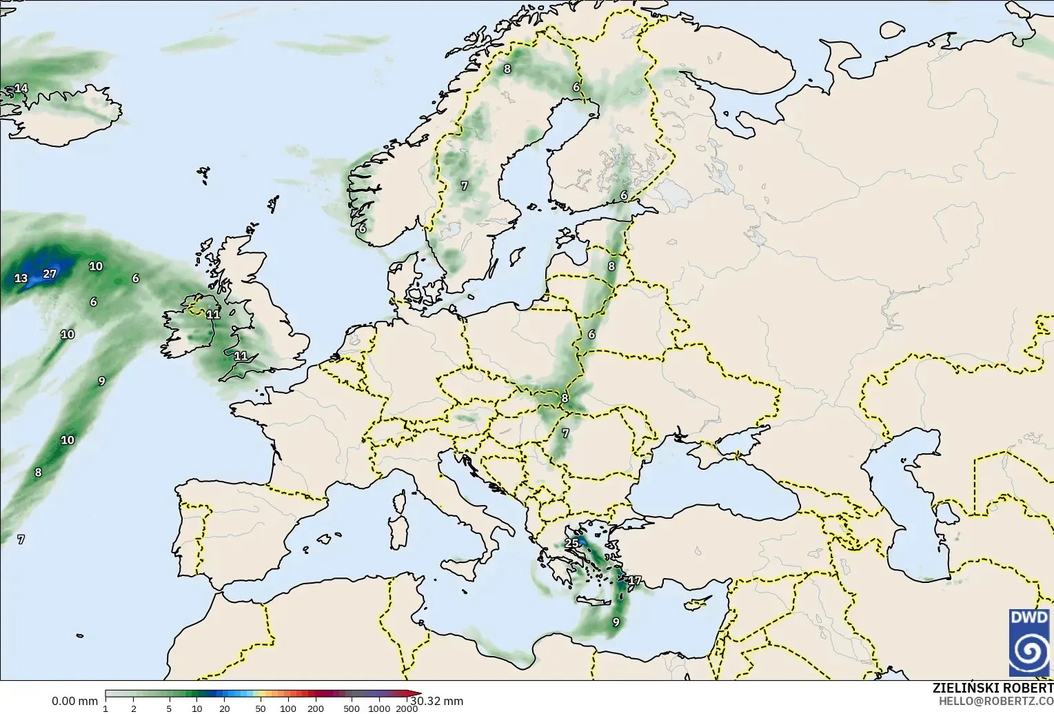 ICON modelo - Europa, Acumulación de precipitación