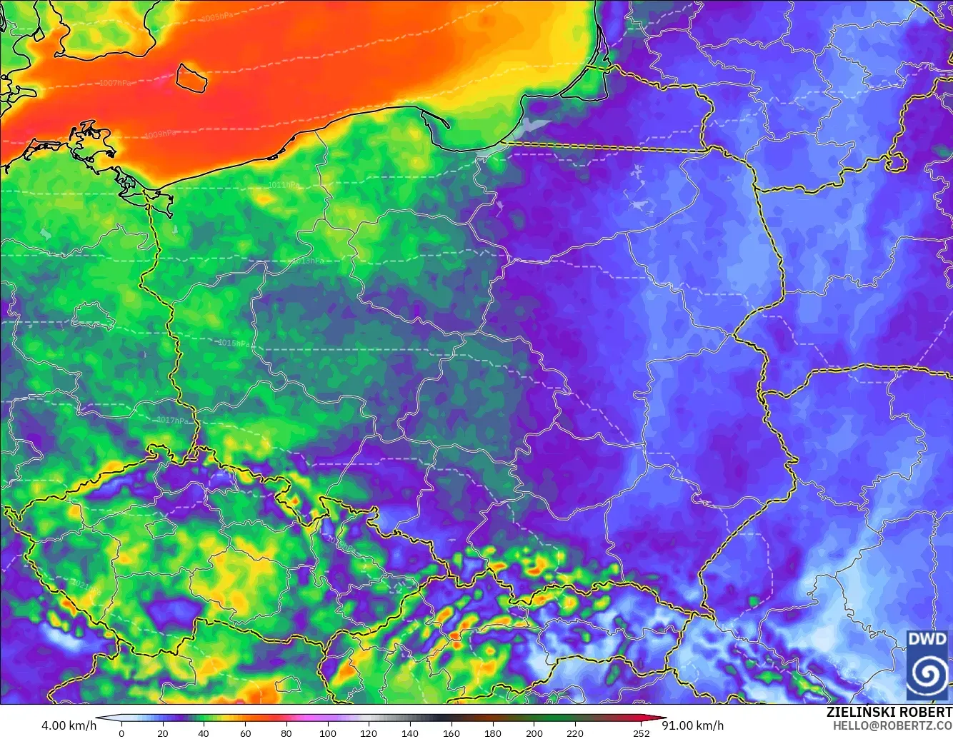 ICON modelo - Polonia, Ráfagas de viento