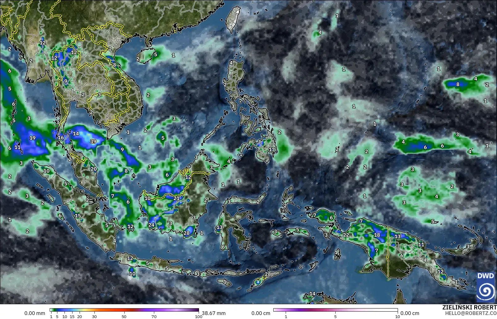 ICON modelo - Sudeste Asiático, Precipitación, nubes y presión