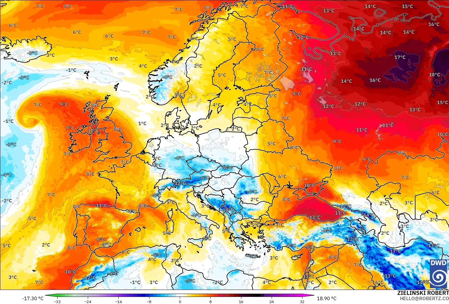 ICON modelo - Europa, Anomalía de temperatura a 850 hPa