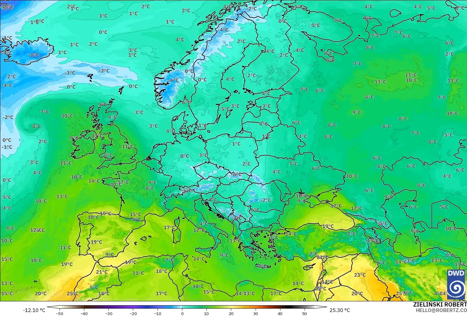 ICON modelo - Europa, Temperatura a 850 hPa