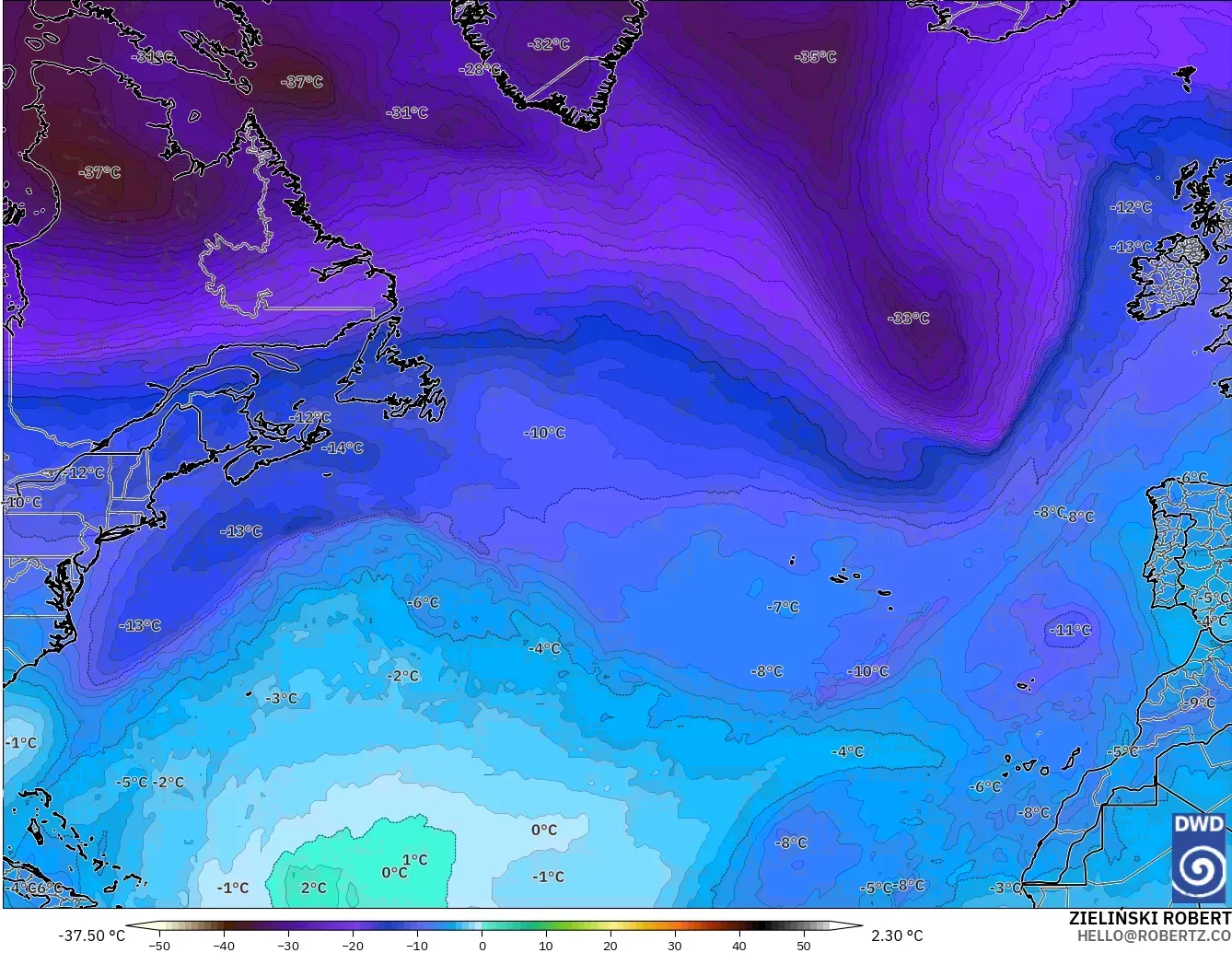 ICON modelo - Norte Atlántico, Temperatura a 500 hPa