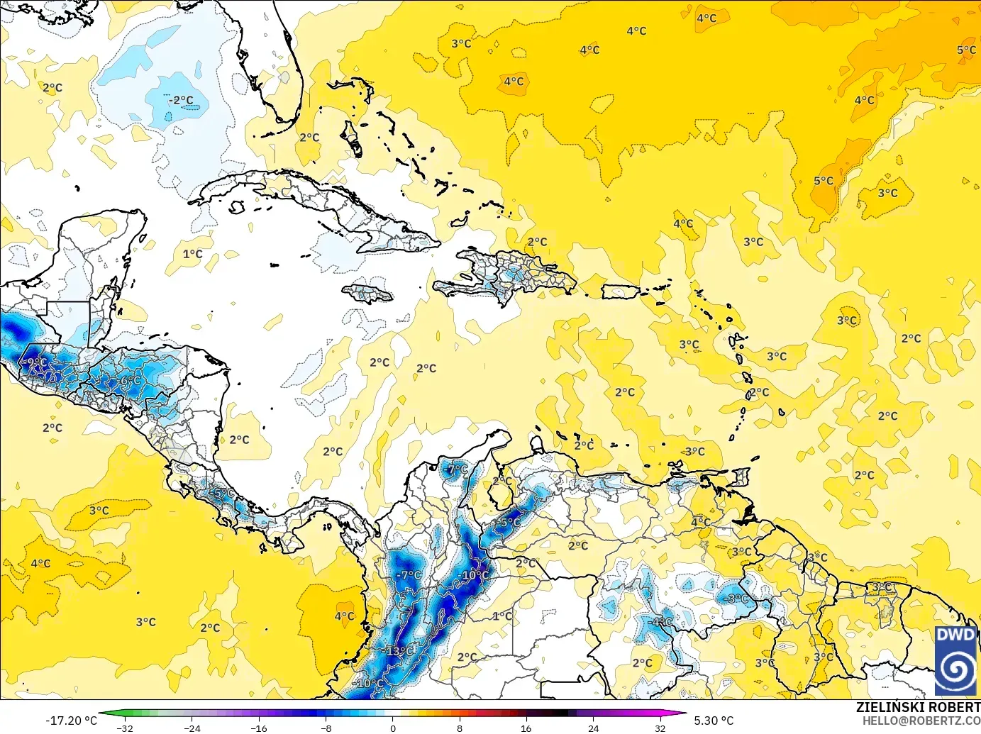 ICON modelo - Caribe, Anomalía de temperatura a 850 hPa